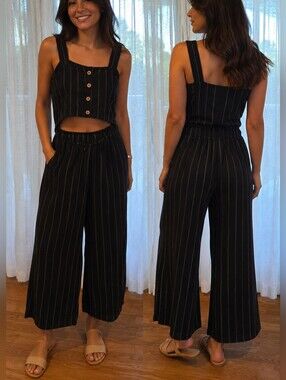 Black Pinstripe Wide-Leg Jumpsuit Set with Button Crop Top